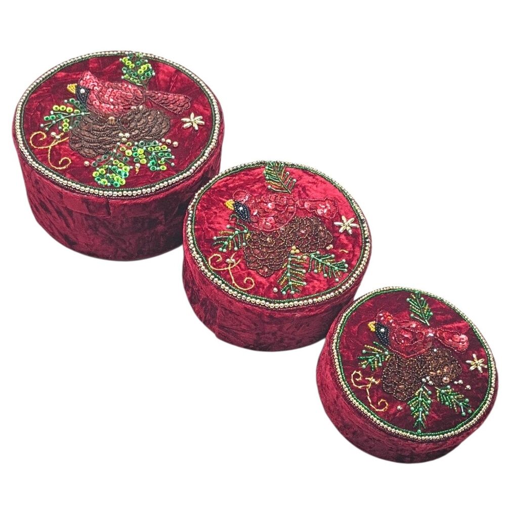 Vintage Red Velvet Christmas Gift Boxes Trinket Home Decor Cardinals Stackable